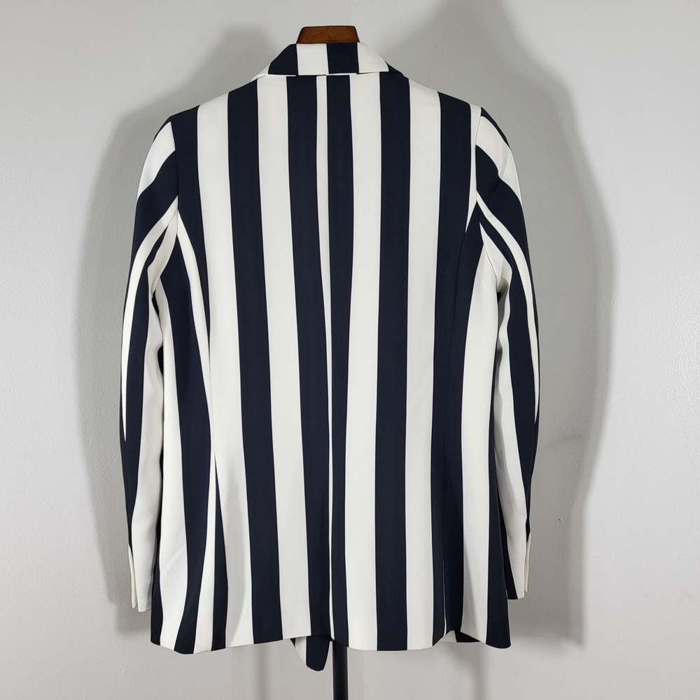 H&M Womens Navy Blue White Striped Double Breasted Blazer Jacket Size 8 Long - Picture 2 of 8